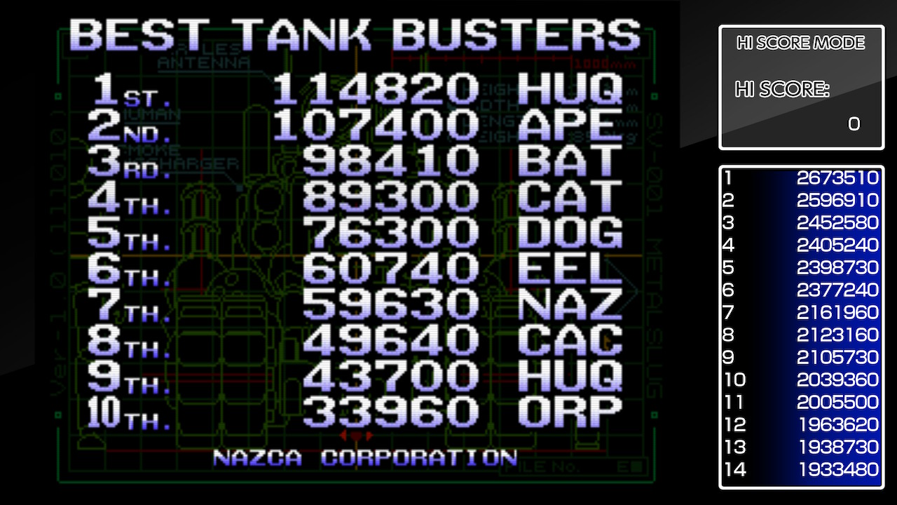 Screenshot: Metal Slug local leaderboards of Hi Score mode, showing HUQ at 1st place with a score of 114 820